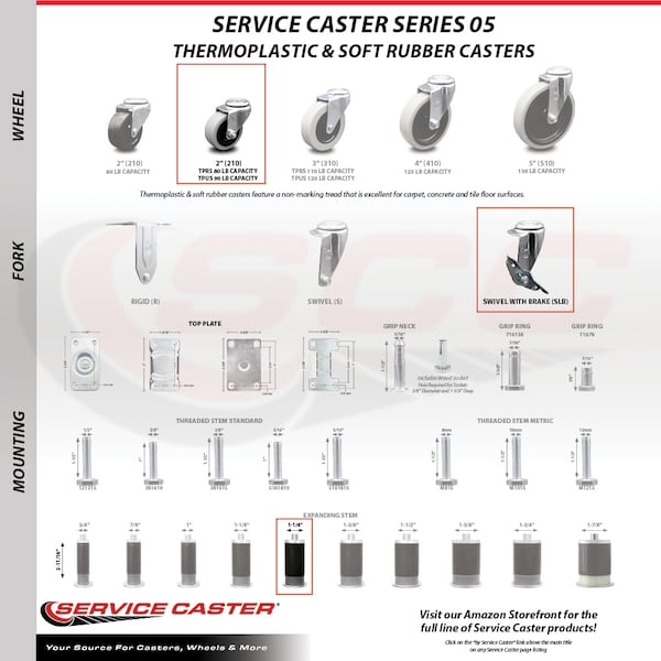 2 Inch Thermoplastic Wheel 1-1/4 Inch Expanding Stem Caster Set with 2 Brakes